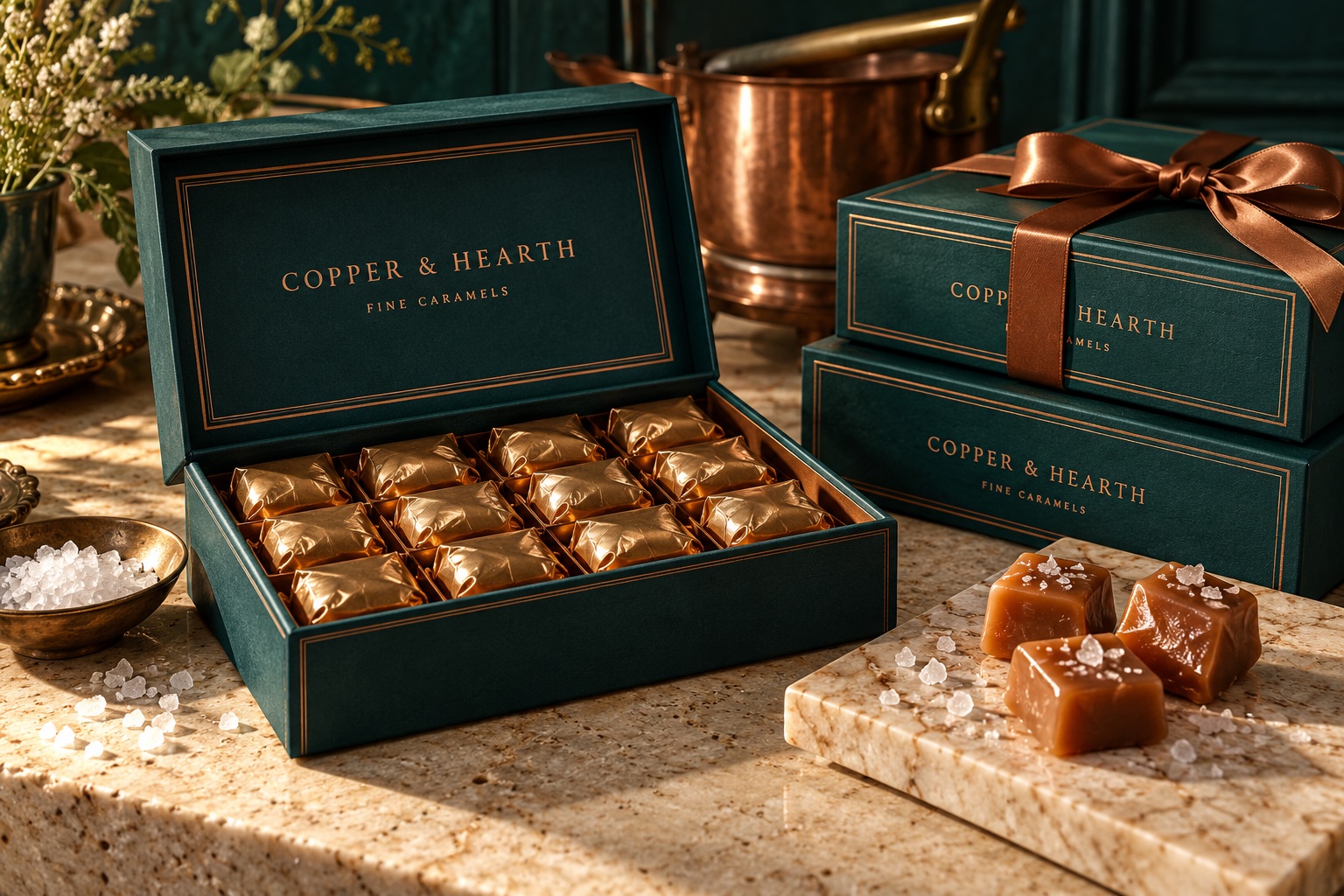 Verdigris and copper gift boxes filled with golden-wrapped caramels, beside sea salt and a copper pot