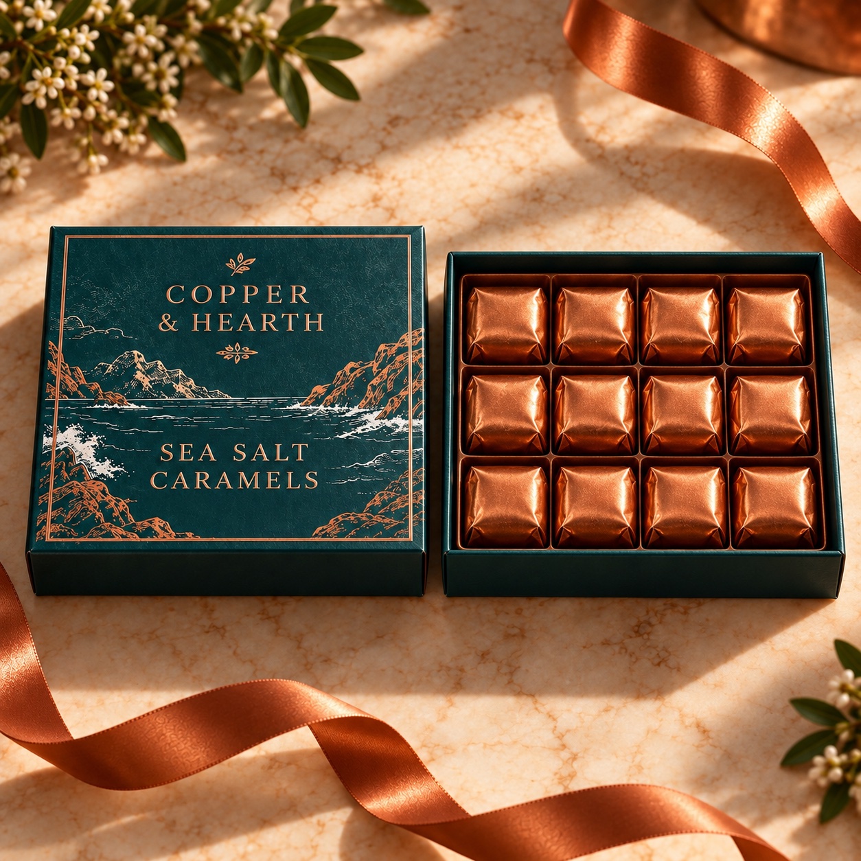 Illustrated sea salt caramel gift box with a tray of twelve copper-wrapped caramels
